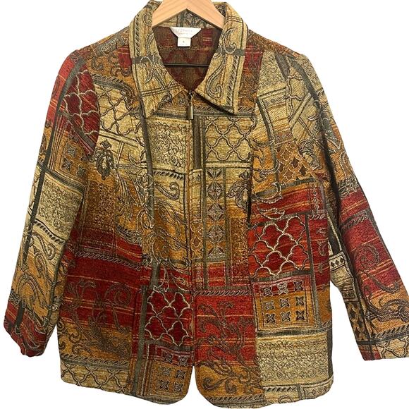 Womens Woven Tapestry Jacket XL Full Zip Thanksgiving Metallic Art Autumn Fall - Picture 1 of 10